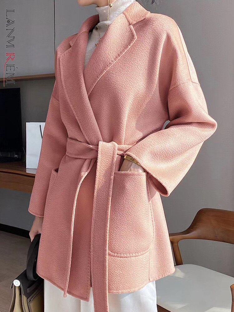 LANMREM 2023 Spring And Winter Wool Coats Water Ripple Double-sided Tweed Belt Coats Female High End Luxury Clothing 2R4101